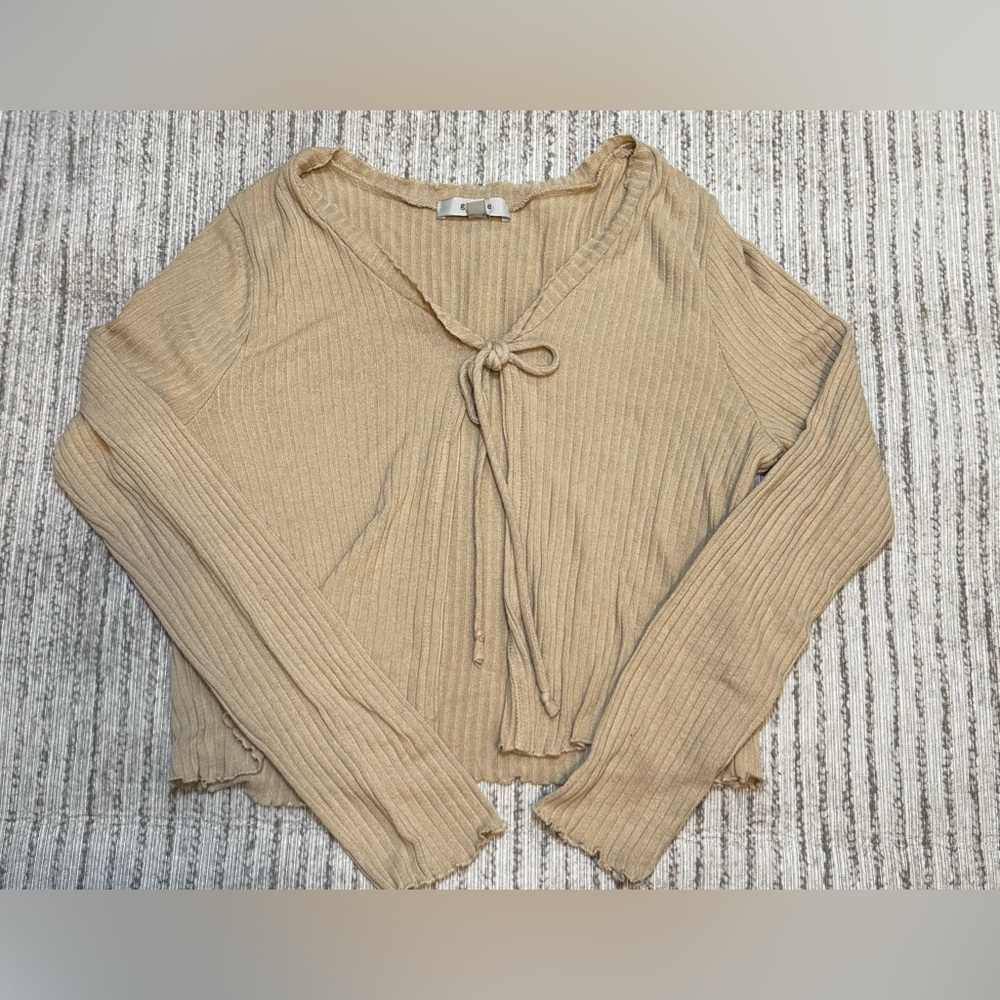 Gaze Beige Ribbed Tie Front Crop Top Long Sleeve Medium‎